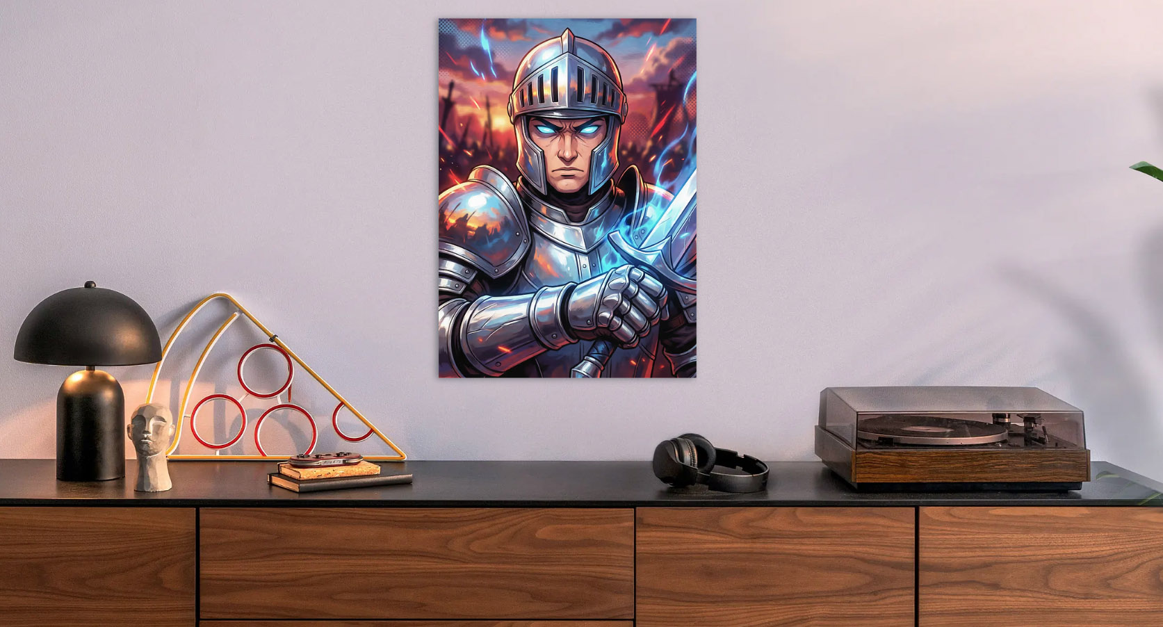 Knight with Glowing Sword — metal poster wall art by Lineer